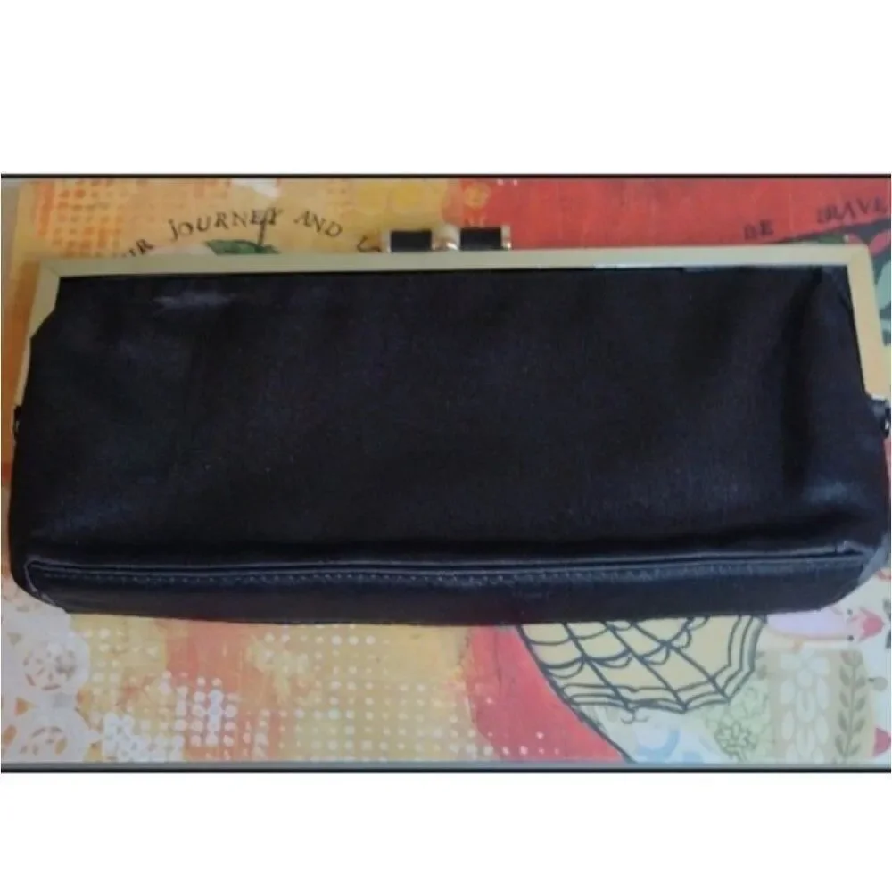 Bijoux Terner VTG Y2K Black‎ Satin Weaved Kisslock Top Evening Clutch with Chain